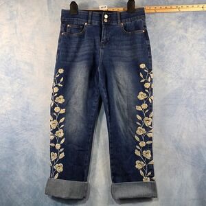 Indigo Poppy The Elisha Straight Crop Floral Embroidered Jeans Medium Wash Blue